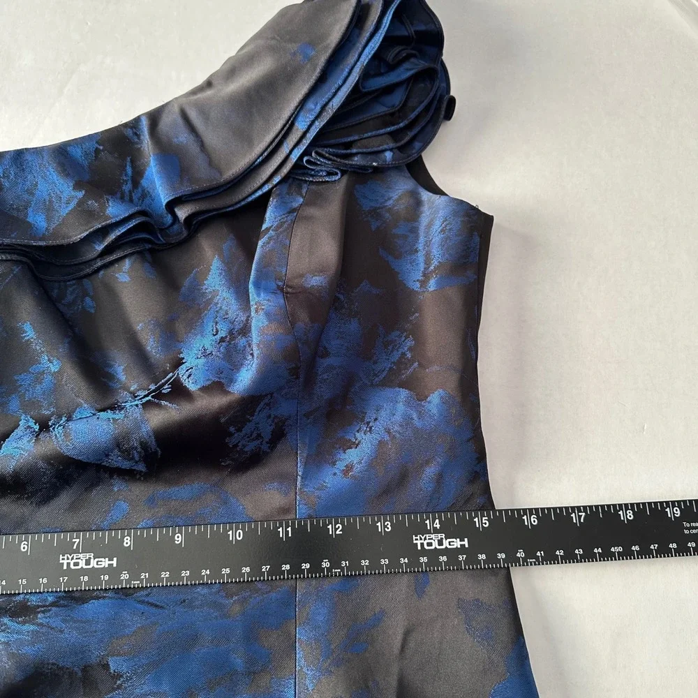 Teri Jon Rickie Freeman One Shoulder Blue Floral Jacquard Gown Dress Black 4